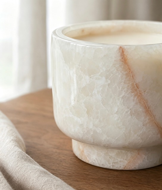 Natural Marble Wickless Candle — Soft White Blush Vein Marble Vessel, 5.6 oz
