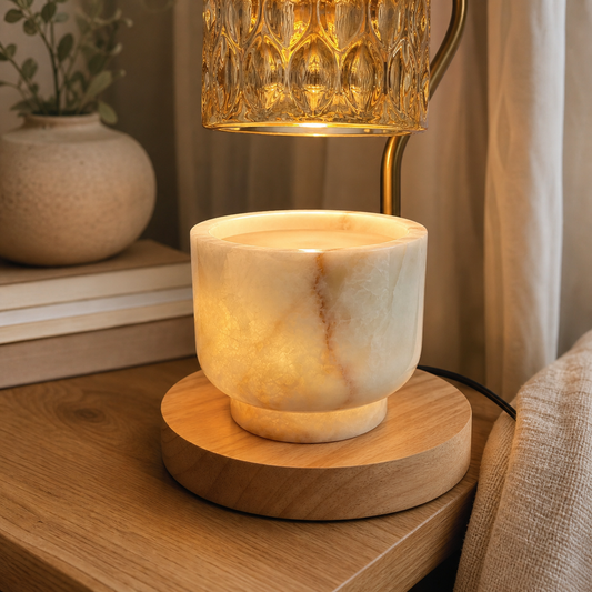 Natural Marble Wickless Candle —  Soft White Blush Vein Marble Vessel, 5.6 oz